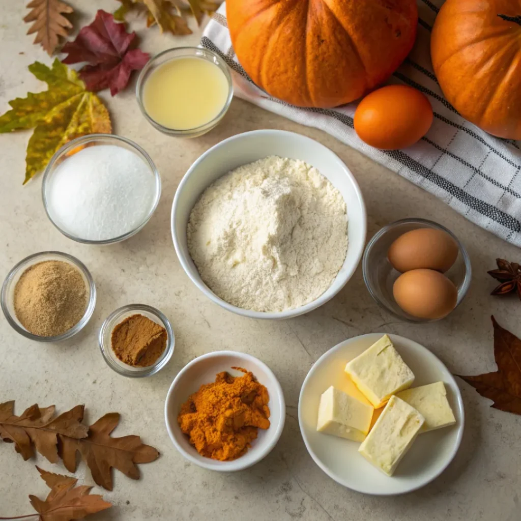 Baking ingredients for pumpkin pie sugar cookies arranged on a table