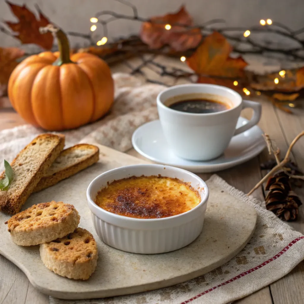 Pumpkin Crème Brûlée – Elegant Fall Dessert with a Cozy Twist 8 Pumpkin crème brûlée with biscotti and espresso