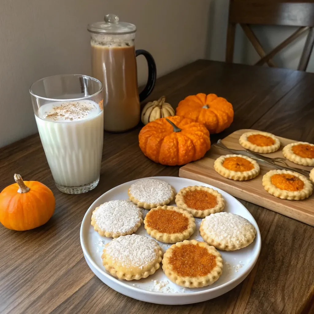 Pumpkin pie sugar cookies with milk and hot cocoa