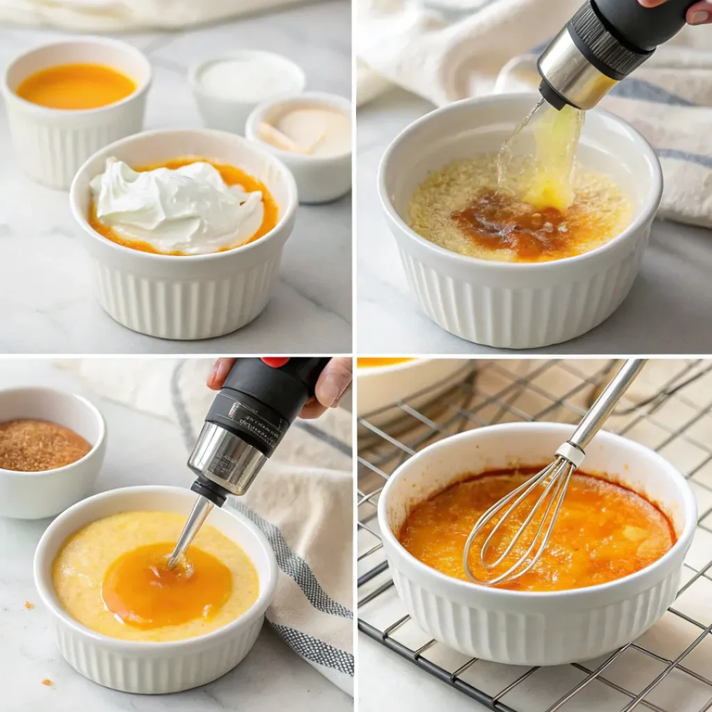 Pumpkin Crème Brûlée – Elegant Fall Dessert with a Cozy Twist 7 steps preparation of pumpkin crème brûlée with caramelized topping