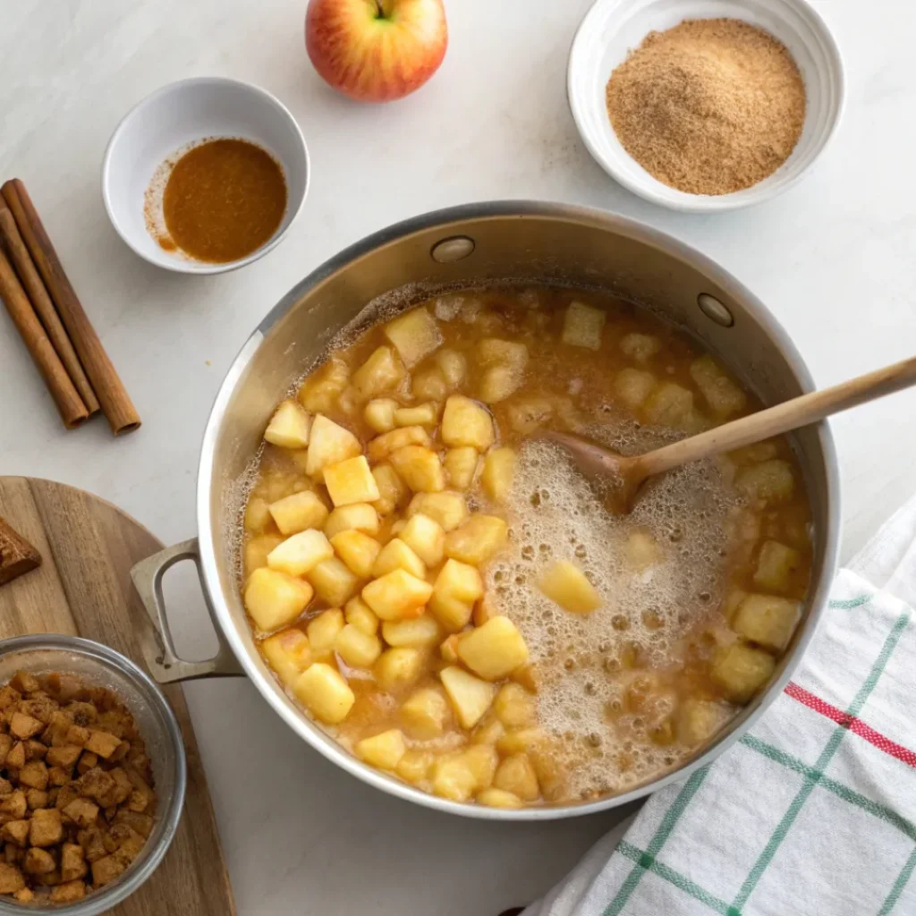 mixing apple caramel in saucepan