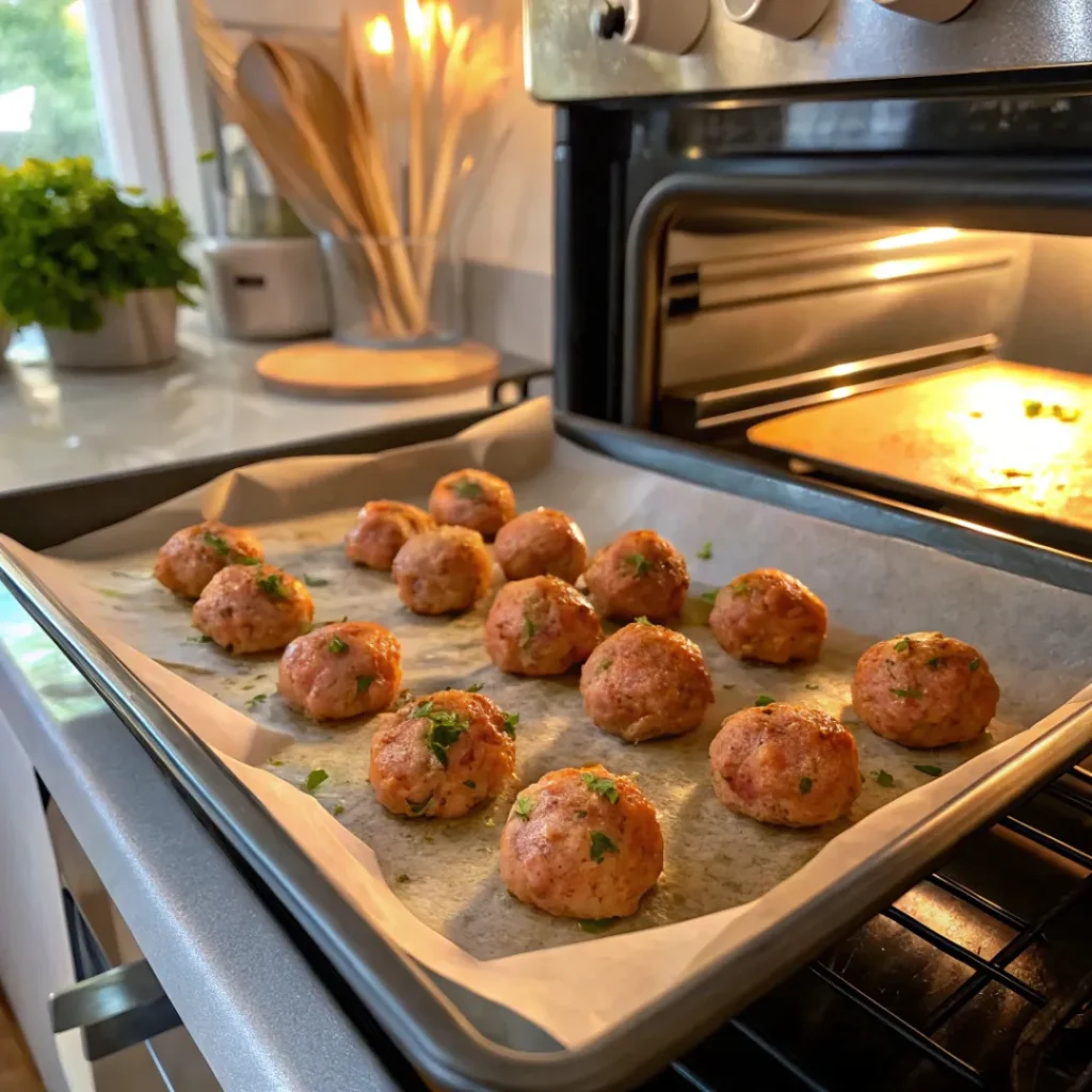 salmon meatballs baking in oven