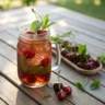 Cherry Pie Iced Tea with fresh cherry and mint garnish