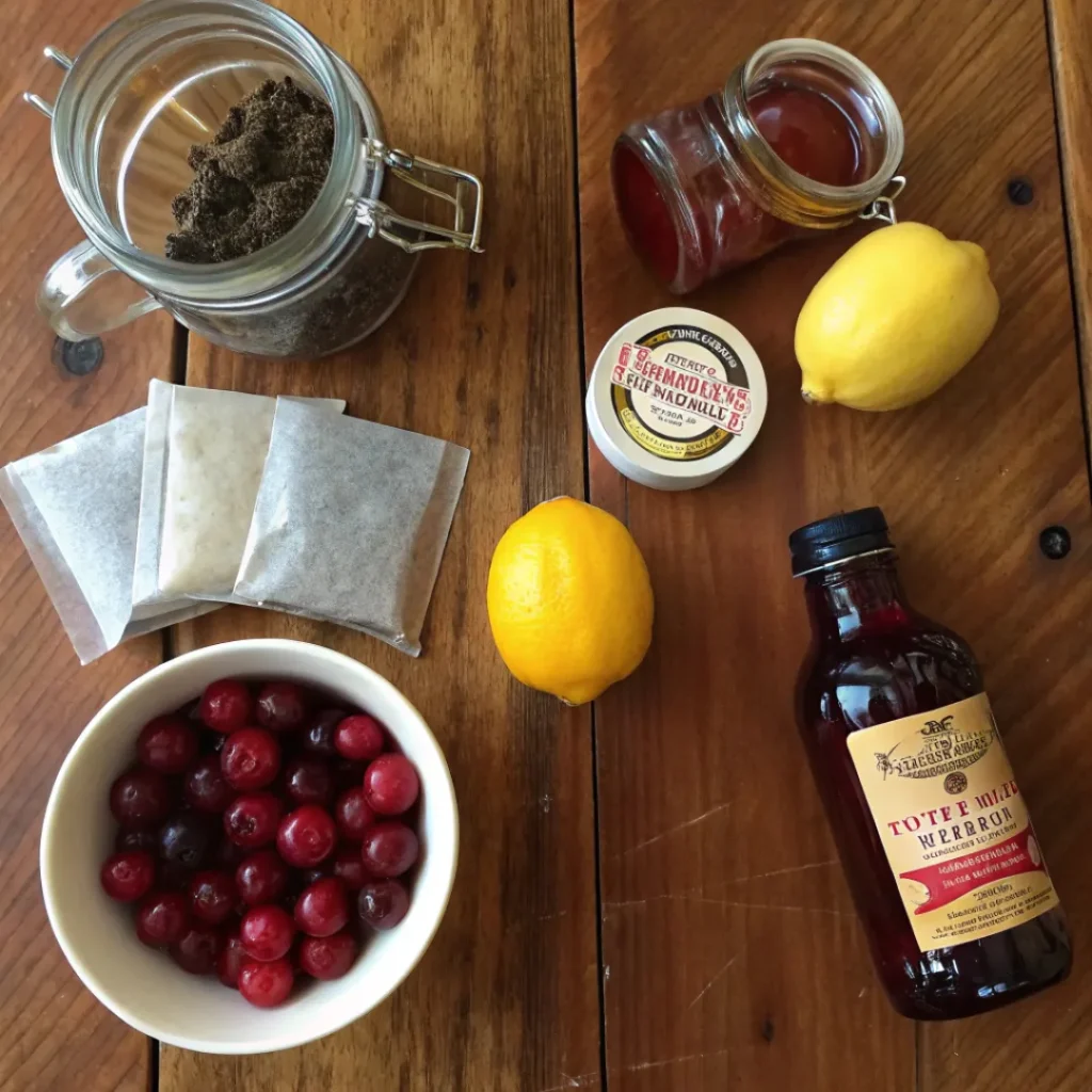 Cherry Pie Iced Tea – Delicious New Twist to Try Now 7 Ingredients for Cherry Pie Iced Tea on wooden table