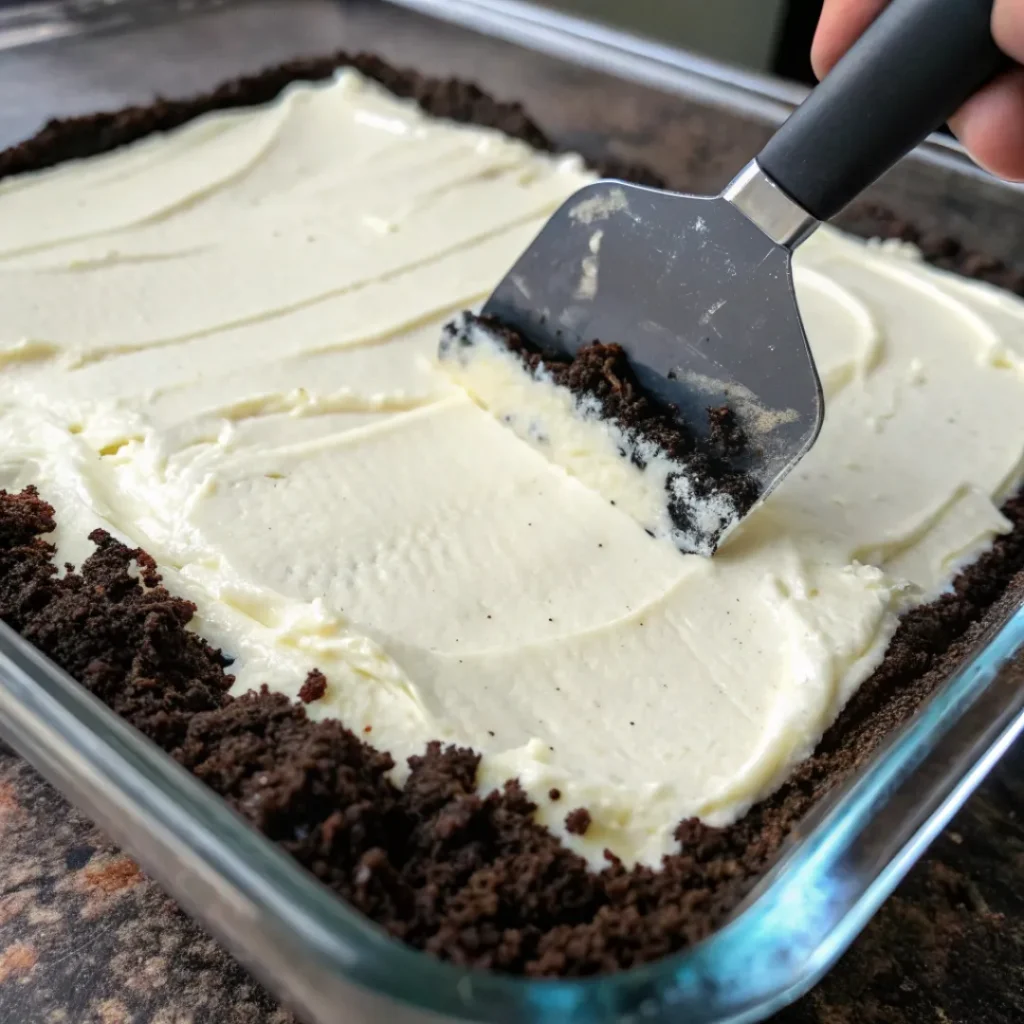 Chocolate Lasagna – The Best No-Bake Dessert Layers You’ll Love 6 Spreading cream cheese mixture over Oreo crust