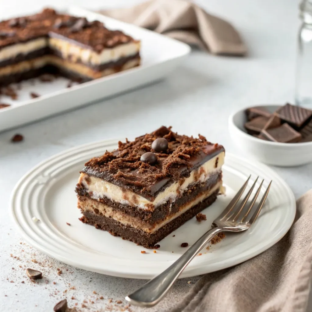 Chocolate Lasagna – The Best No-Bake Dessert Layers You’ll Love 8 Slice of chocolate lasagna with fork