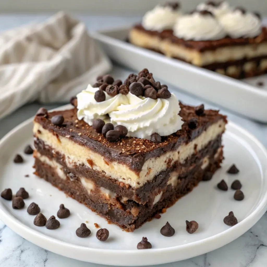 Chocolate Lasagna – The Best No-Bake Dessert Layers You’ll Love 7 Chocolate Lasagna topped with Cool Whip and chocolate chips