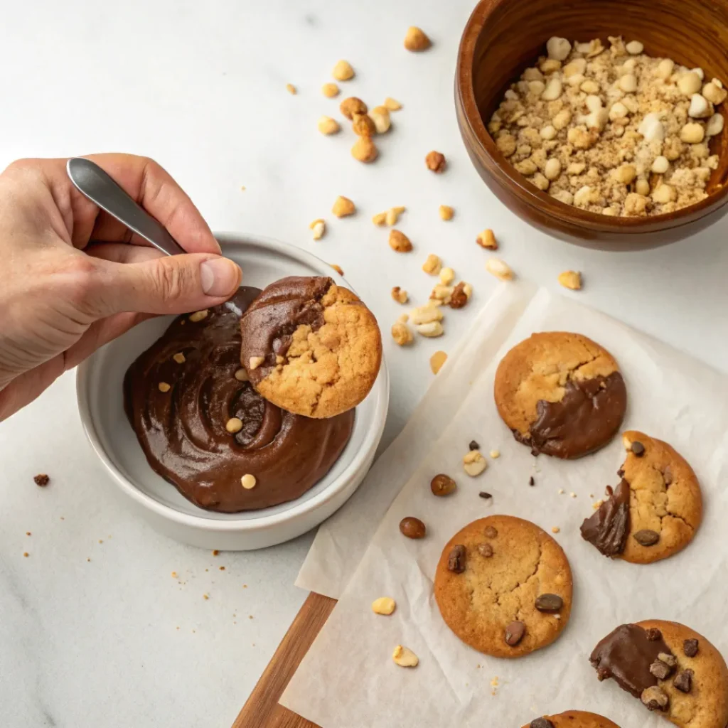 Chocolate Hazelnut Crunch Cookies: The Best Crispy & Rich Recipe You Need to Try 7 Dipping chocolate hazelnut crunch cookies into melted chocolate