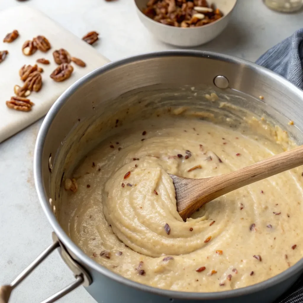 German Chocolate Cake: The Ultimate Homemade Guide with Recipe and History 6 Stirring coconut pecan frosting for German Chocolate Cake