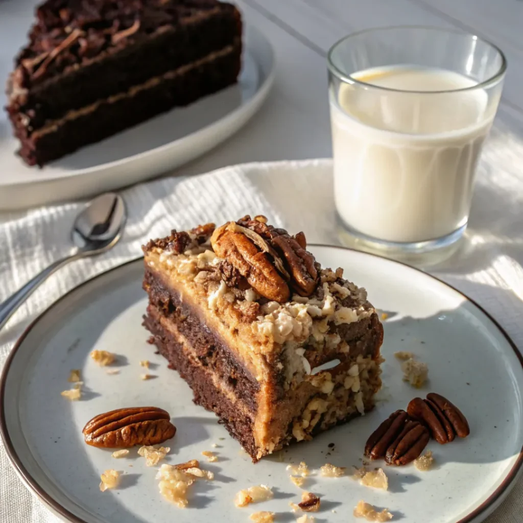 German Chocolate Cake: The Ultimate Homemade Guide with Recipe and History 8 German Chocolate Cake served with milk