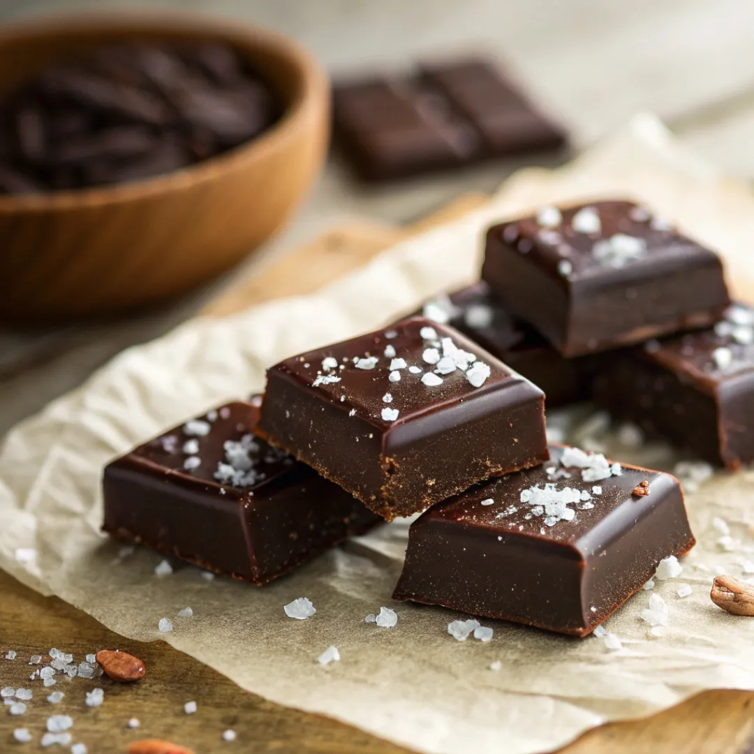 Homemade dark chocolate squares with sea salt