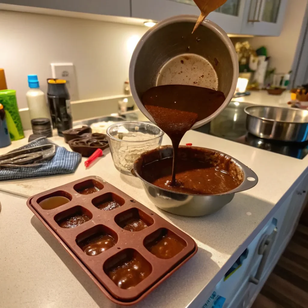 Pouring homemade dark chocolate into molds