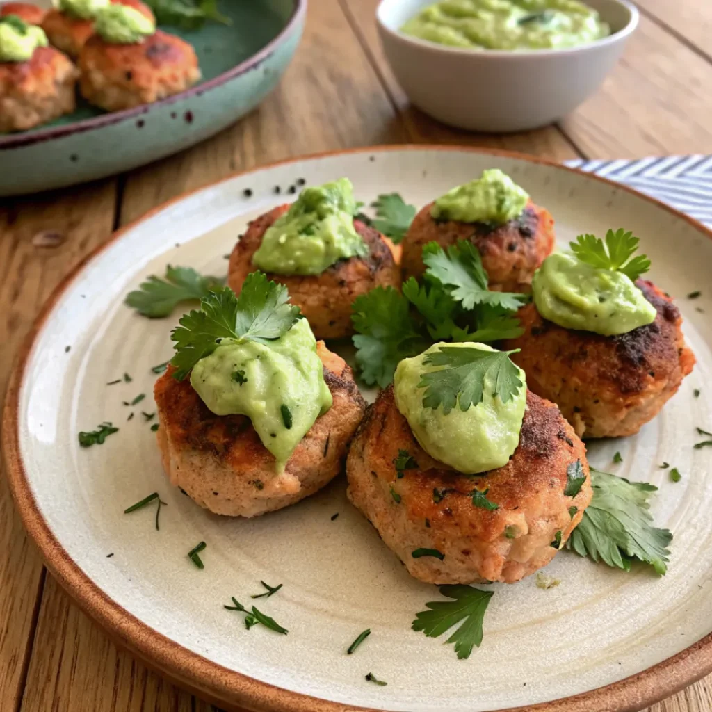 baked salmon meatballs with avocado sauce served on plate