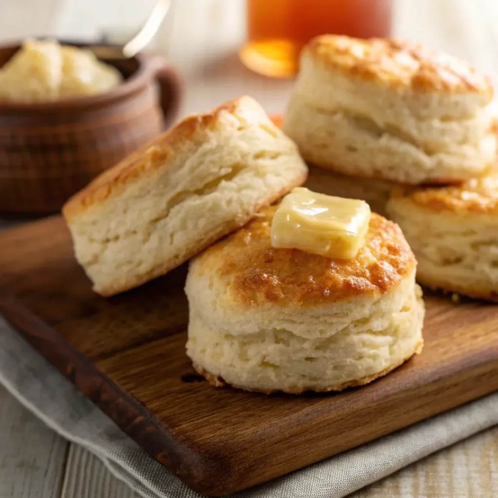 Stack of golden buttermilk biscuits with butter brushed on top
