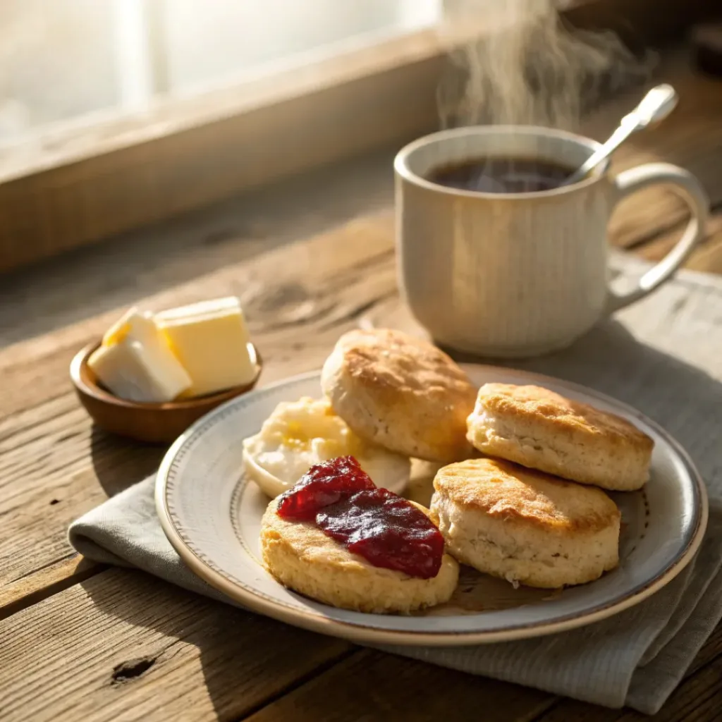 Classic Buttermilk Biscuits – Soft, Buttery, and Golden 8 Buttermilk biscuits served with honey, jam, and butter