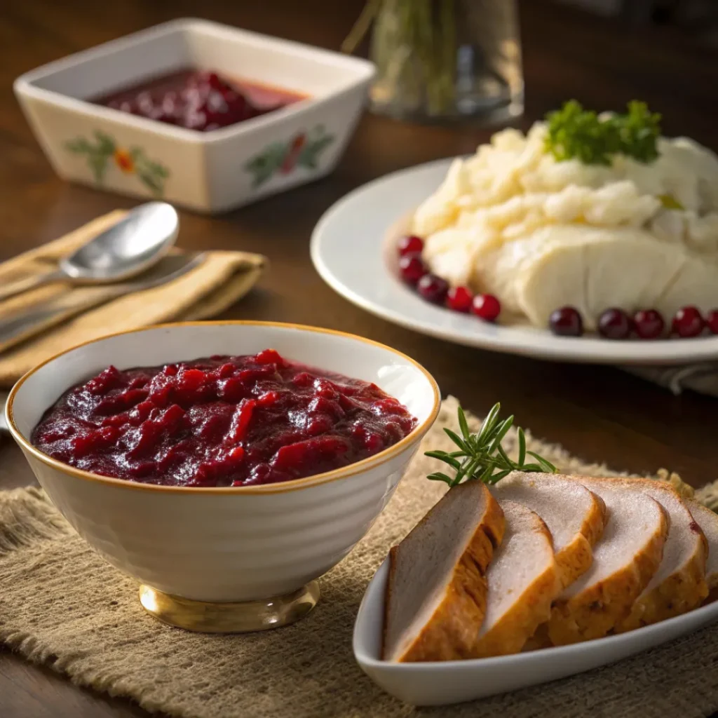 Cranberry sauce with turkey and mashed potatoes on plates