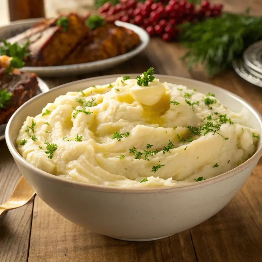 Bowl of mashed potatoes with melted butter and herbs