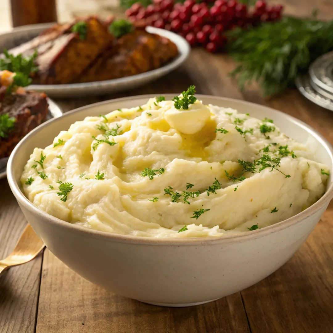 Bowl of mashed potatoes with melted butter and herbs