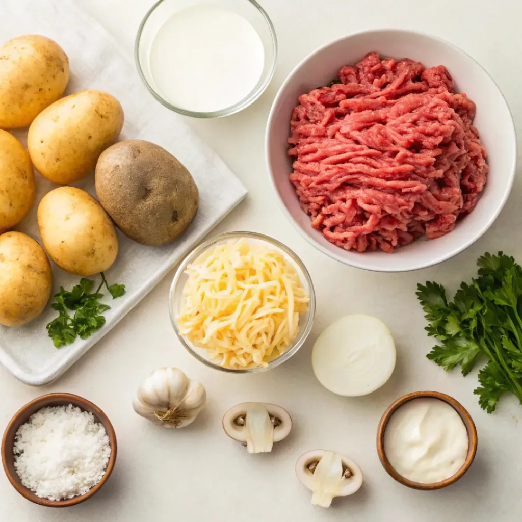 Crockpot Beef Potato Casserole – Easy Comfort Food 6 Flat lay of ingredients for beef and potato casserole
