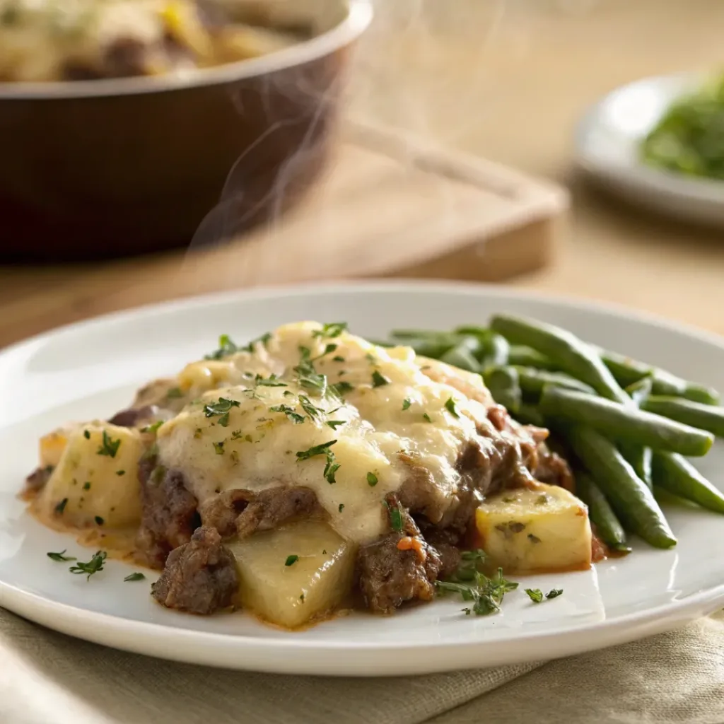 Crockpot Beef Potato Casserole – Easy Comfort Food 8 Serving of crockpot beef potato casserole with green beans on a plate