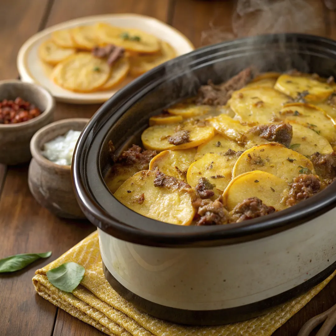 Hearty beef and potato casserole cooked in a slow cooker
