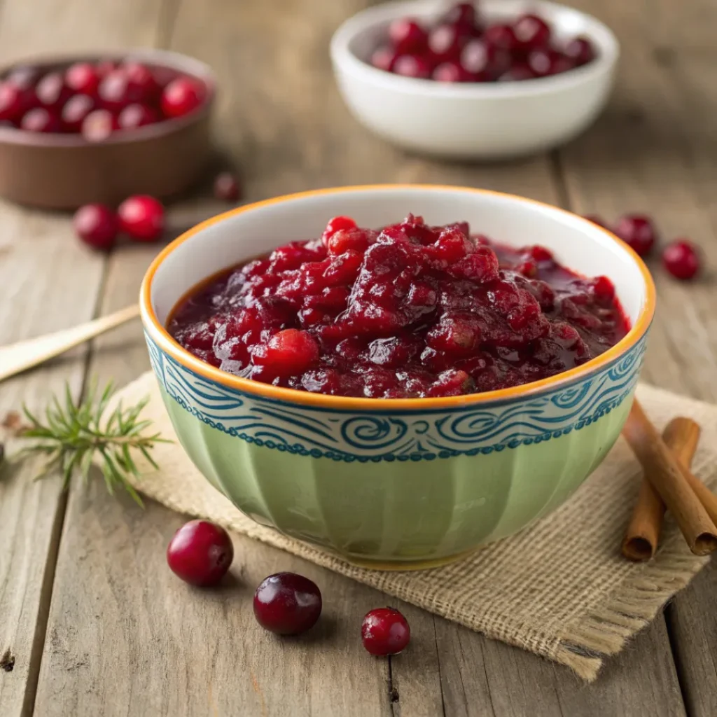 Cranberry sauce with turkey and mashed potatoes on plates
