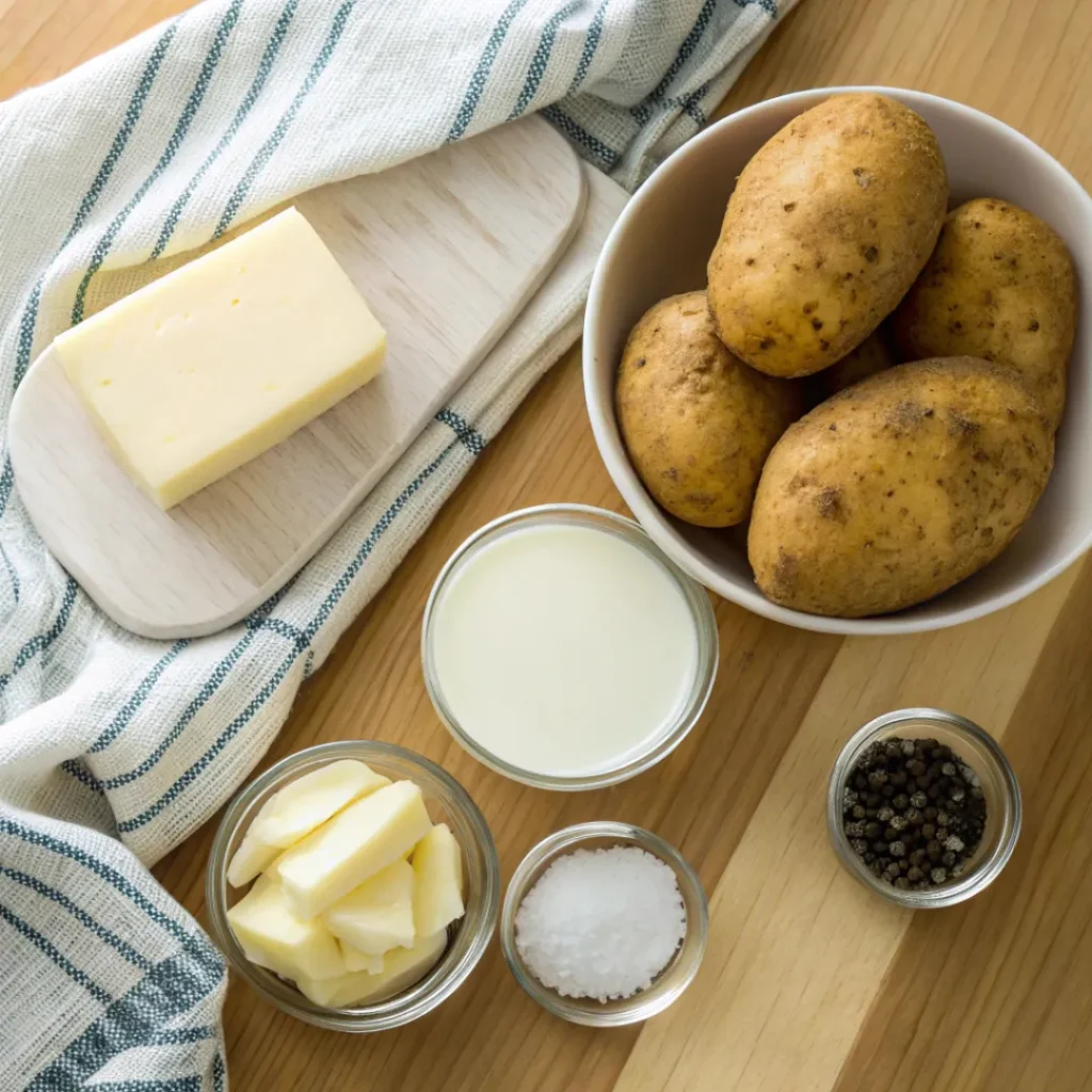 Potatoes, butter, milk, and seasoning arranged on a counter