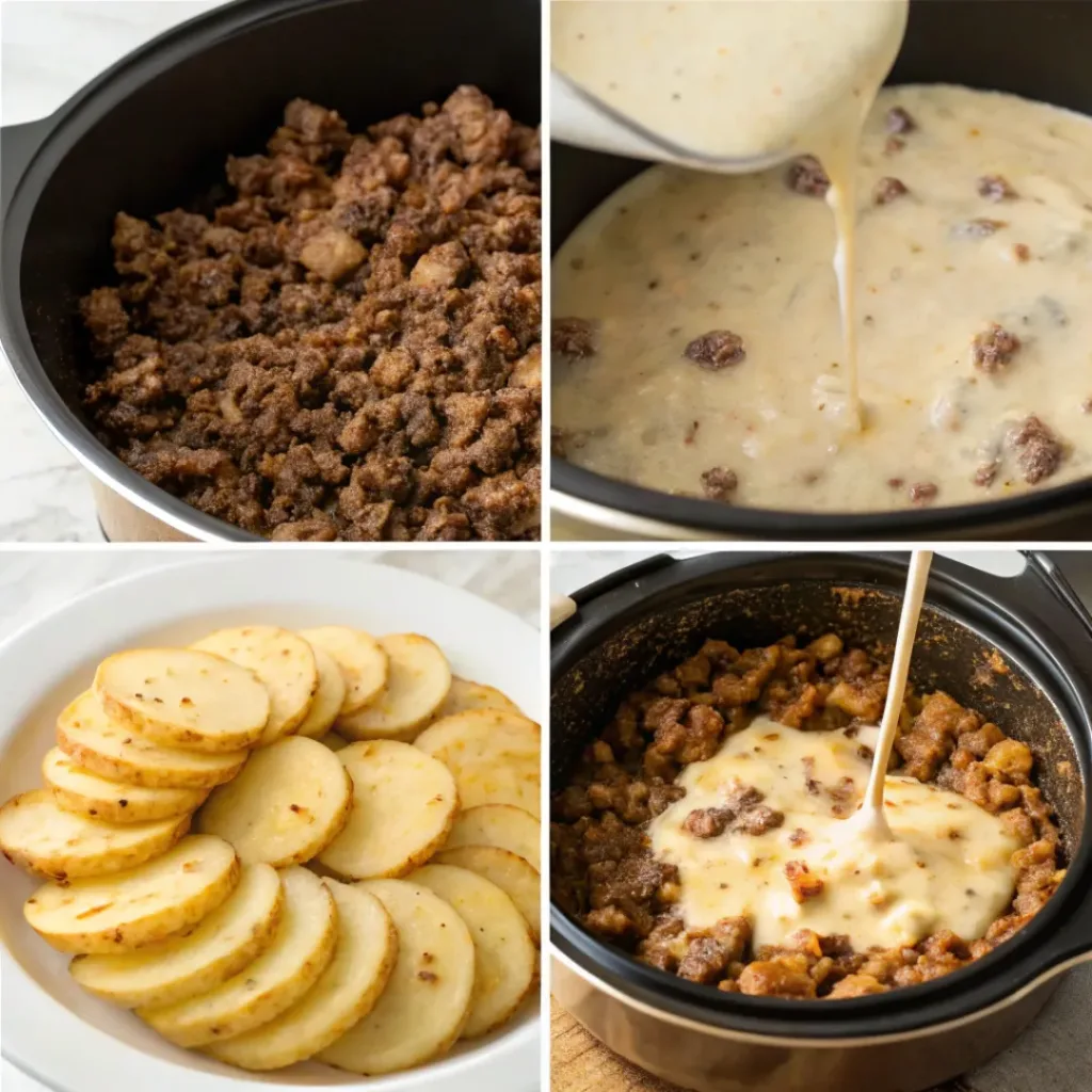 Crockpot Beef Potato Casserole – Easy Comfort Food 7 Collage showing cooking process of beef potato casserole in slow cooker