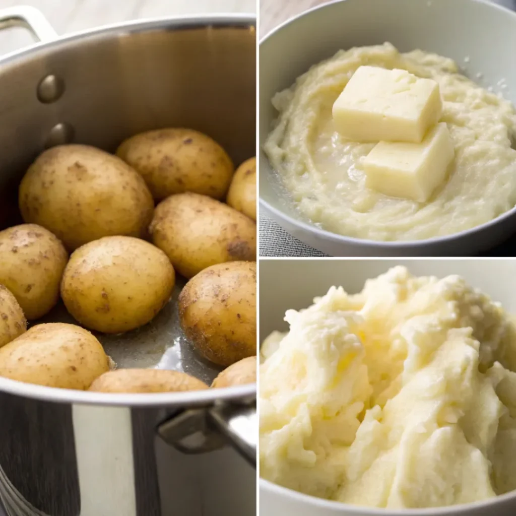 Collage showing potatoes being boiled, mashed, and whipped