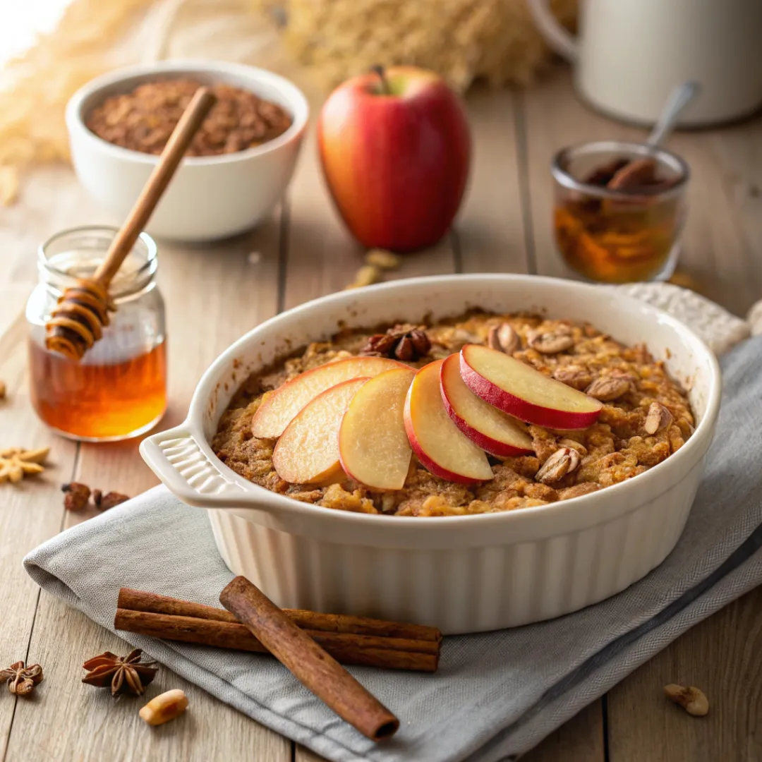 A close-up of a baked apple oatmeal dish in a white oval baking dish, topped with fresh apple slices and nuts. A jar of honey, an apple, and cinnamon sticks are on the wooden table.