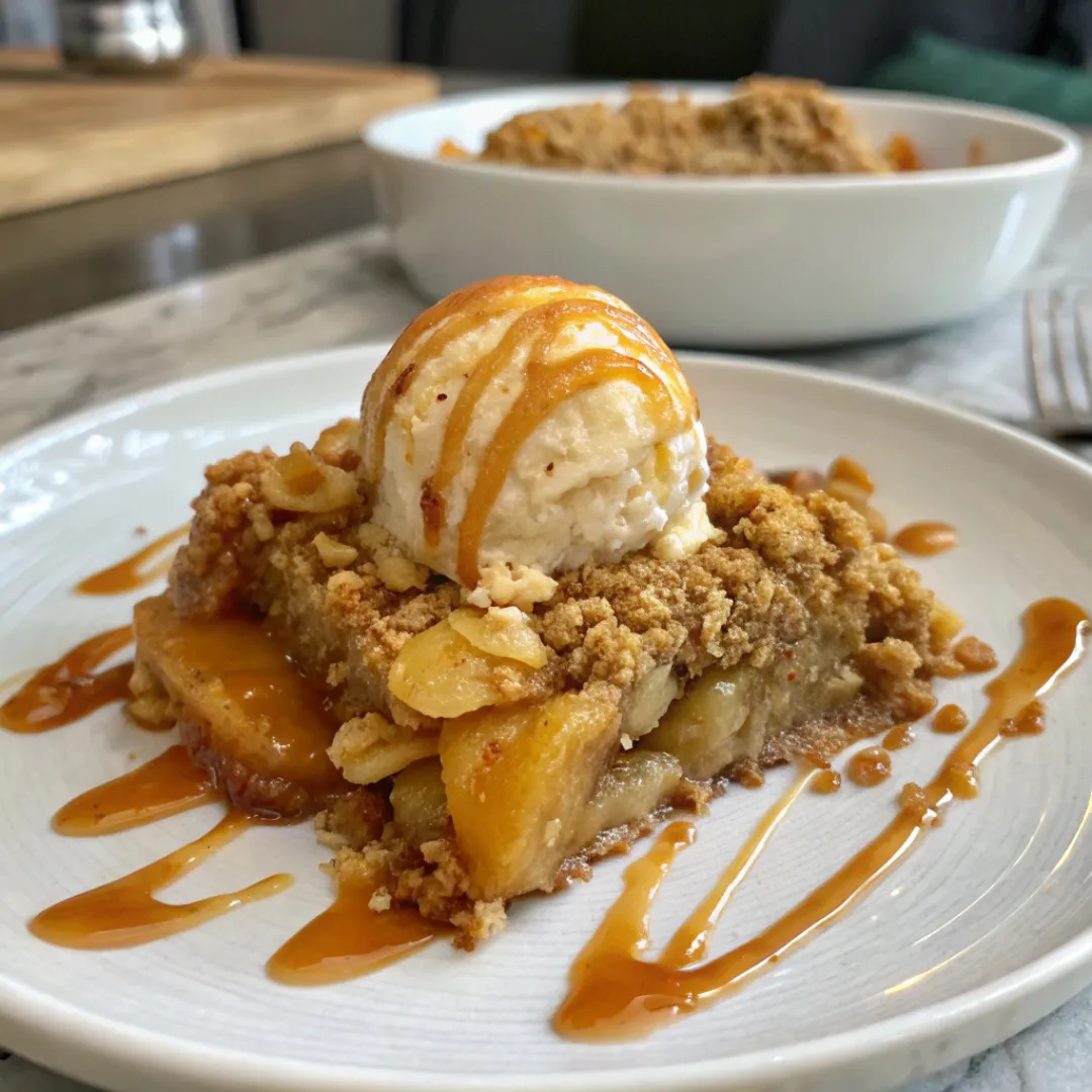 A slice of apple crisp topped with a scoop of vanilla ice cream and a caramel drizzle, served on a white plate. In the blurred background, a full dish of the crisp and a fork are visible.