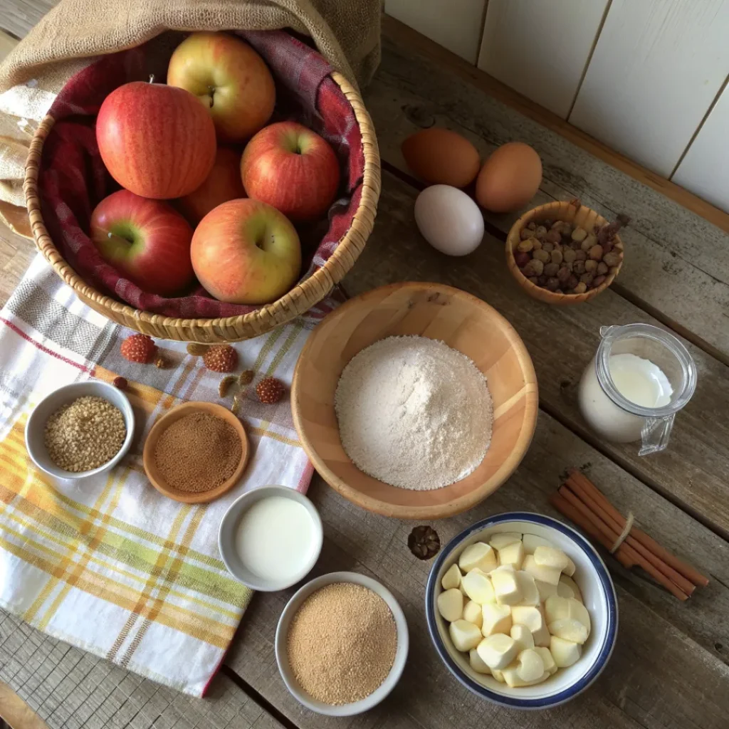 Apple Crumb Cake – Irresistible Homemade Recipe 6 Apples, flour, sugar, butter, and cinnamon arranged for apple crumb cake