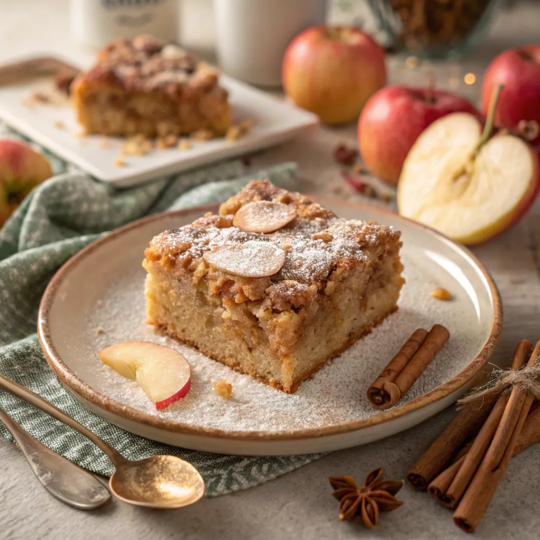 Slice of apple crumb cake with cinnamon crumb topping