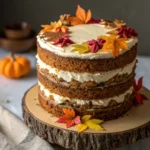 A four-layer naked spice cake with white frosting between the layers, decorated with colorful edible autumn leaves and berries. The cake is on a wooden serving stand, with a small pumpkin in the background.