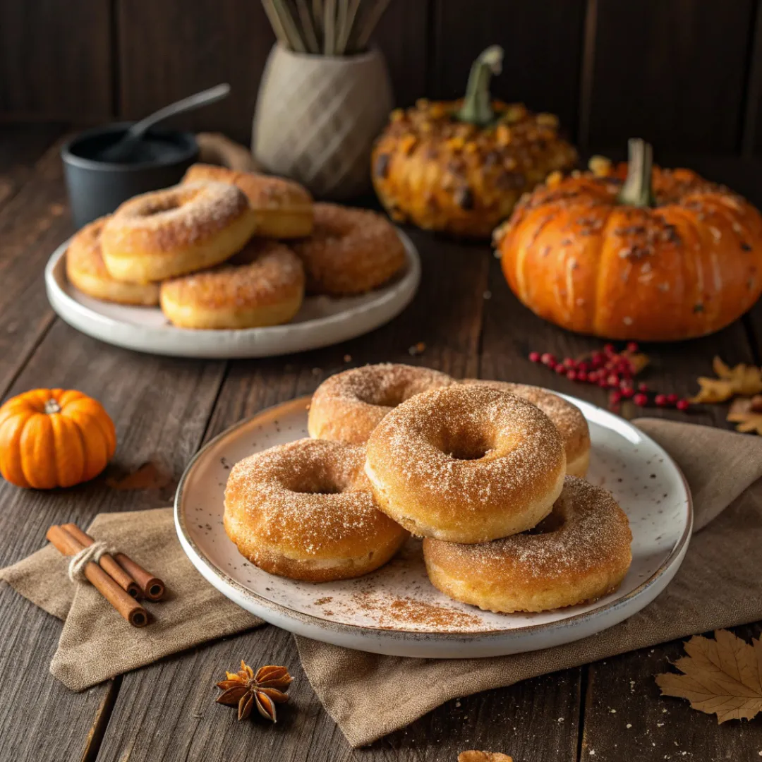 Plate of baked pumpkin donuts with glaze and cinnamon sugar
