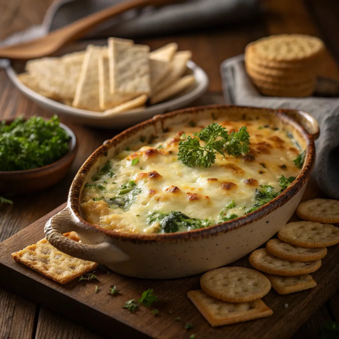 Easy Spinach Artichoke Dip – Perfect Appetizer 5 Hot spinach artichoke dip with golden melted cheese in a baking dish