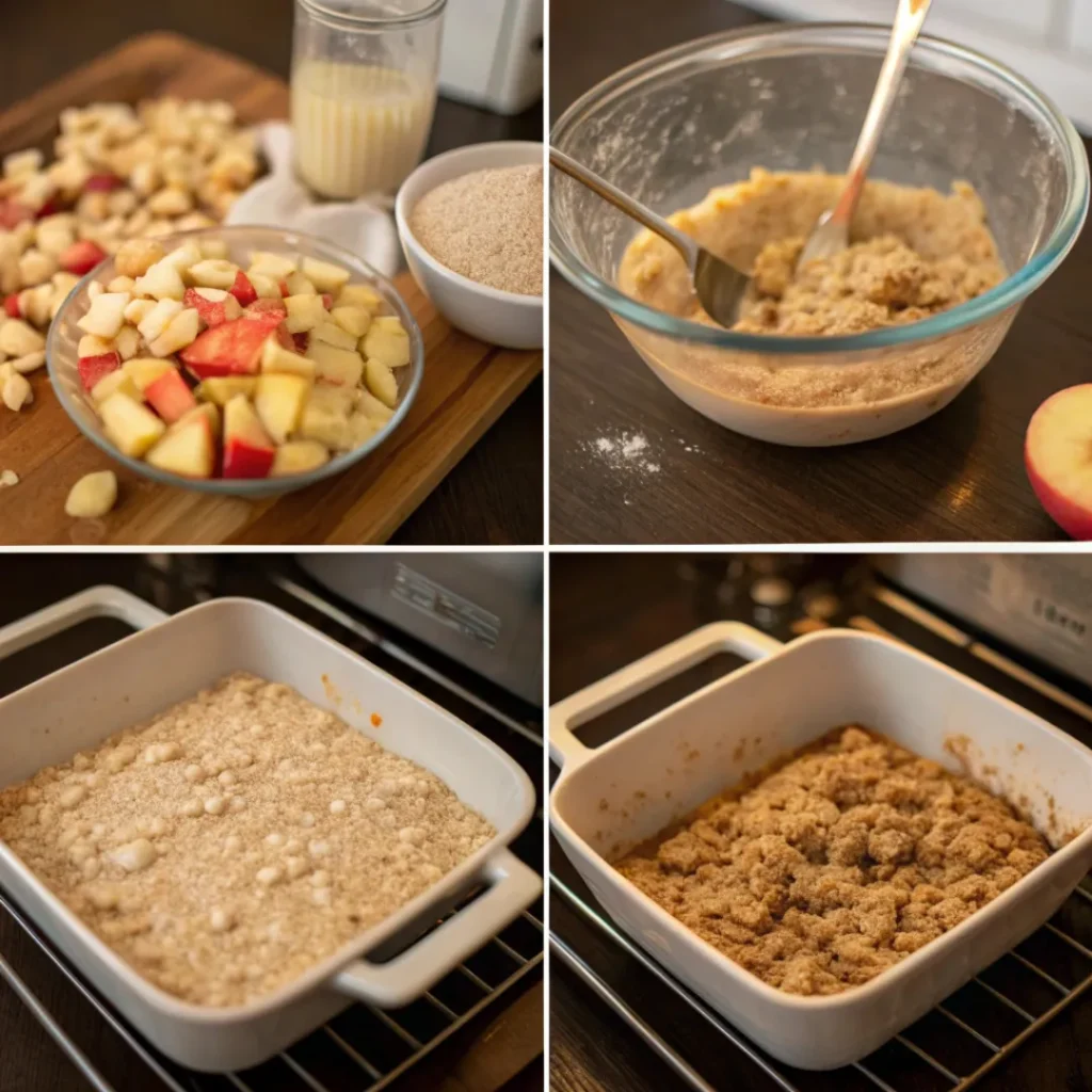 A four-panel image showing the process of making a baked apple crumble. The top left shows diced apples and other ingredients. The top right shows the crumble topping being mixed in a glass bowl. The bottom left shows the topping spread over the apples in a white baking dish before cooking. The bottom right shows the finished, golden-brown crumble after it has been baked.