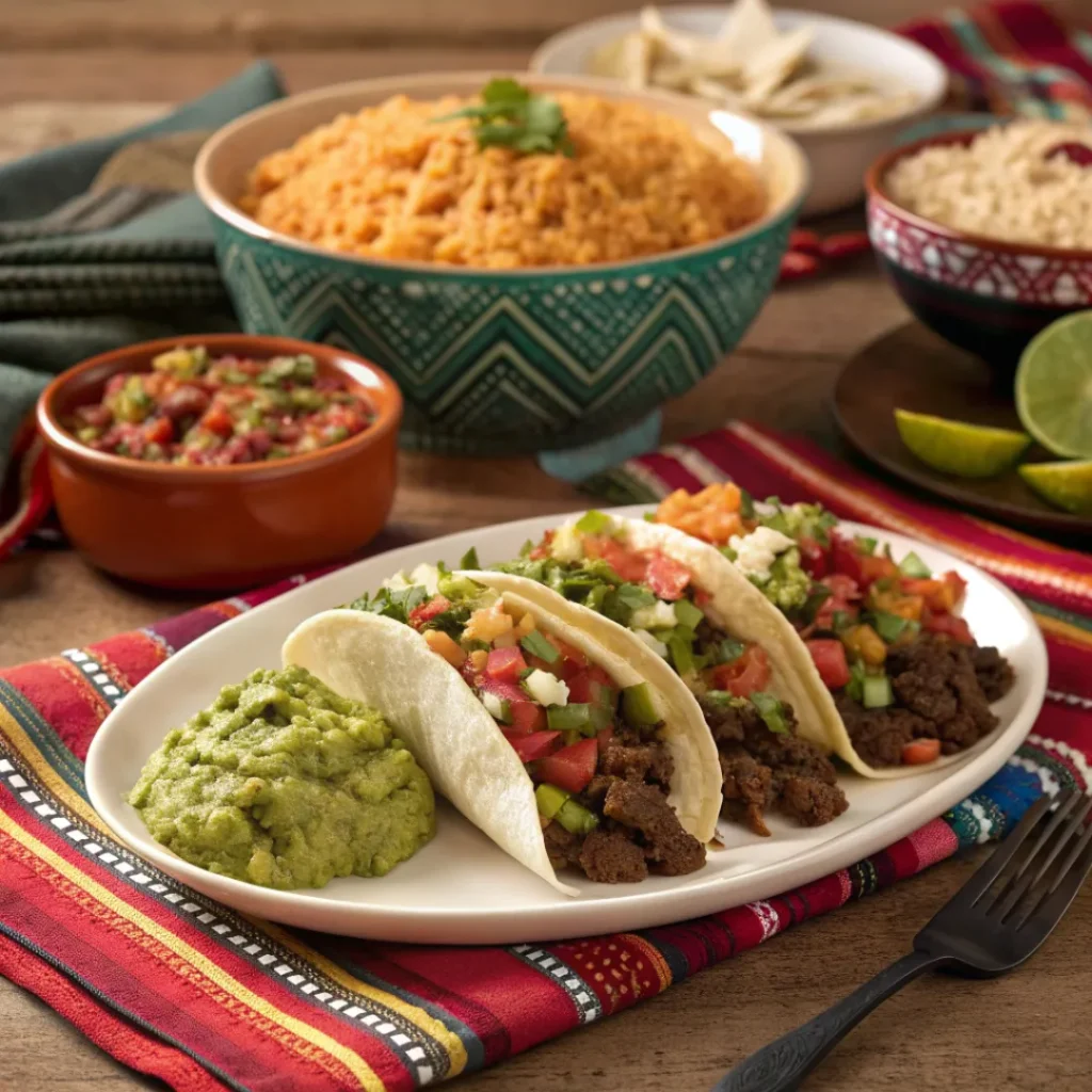Flavorful Beef Tacos – Quick, Easy & Delicious Recipe 8 Plate of beef tacos served with rice, beans, and guacamole