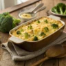 Baked broccoli cheese rice casserole topped with melted cheddar