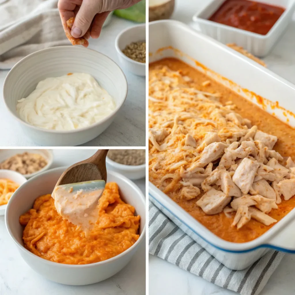 Buffalo Chicken Dip – Cheesy & Spicy Snack 7 Collage showing preparation, mixing, and baking of buffalo chicken dip