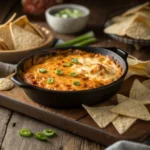 Buffalo Chicken Dip – Cheesy & Spicy Snack 9 Baked buffalo chicken dip topped with cheese and green onions in a skillet