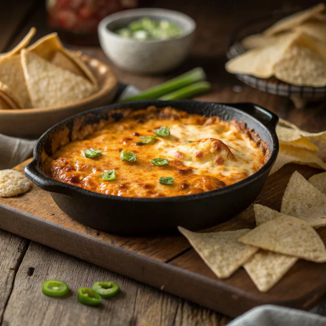 Baked buffalo chicken dip topped with cheese and green onions in a skillet