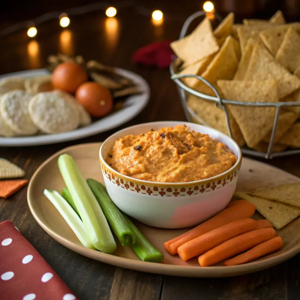 Buffalo Chicken Dip – Cheesy & Spicy Snack 8 Buffalo chicken dip served with tortilla chips, celery, and carrots