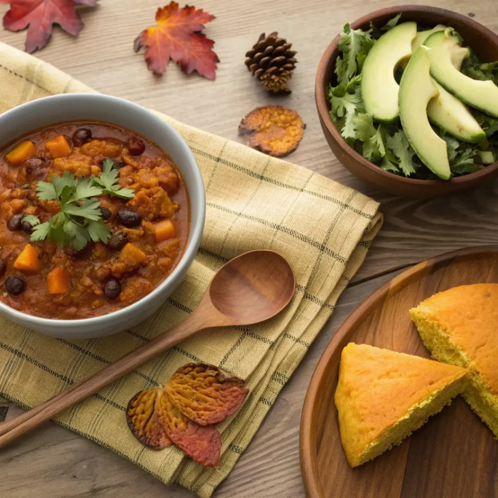 Butternut Squash Chili – Hearty, Healthy, and Comforting 8 Butternut squash chili with cornbread and avocado on a plate