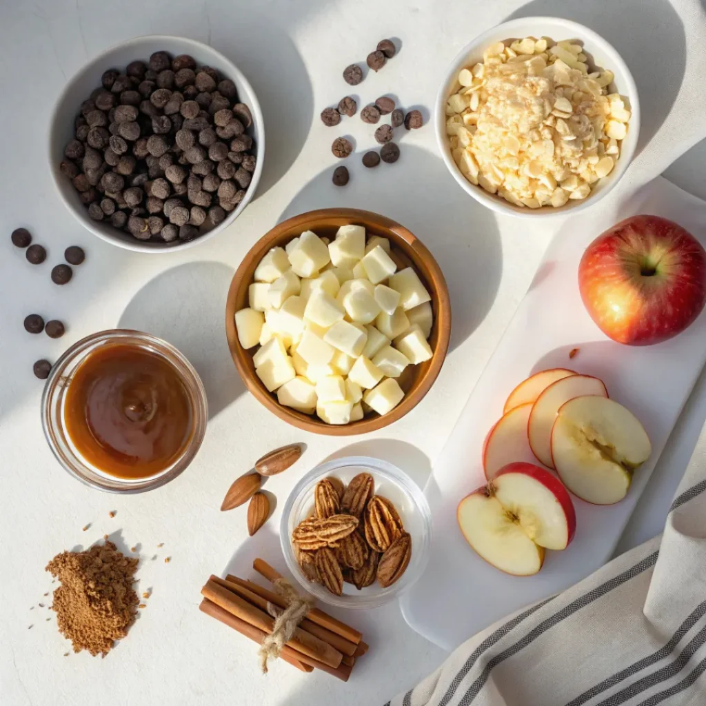Ingredients for candy apple bark including chocolate, apples, nuts, and caramel