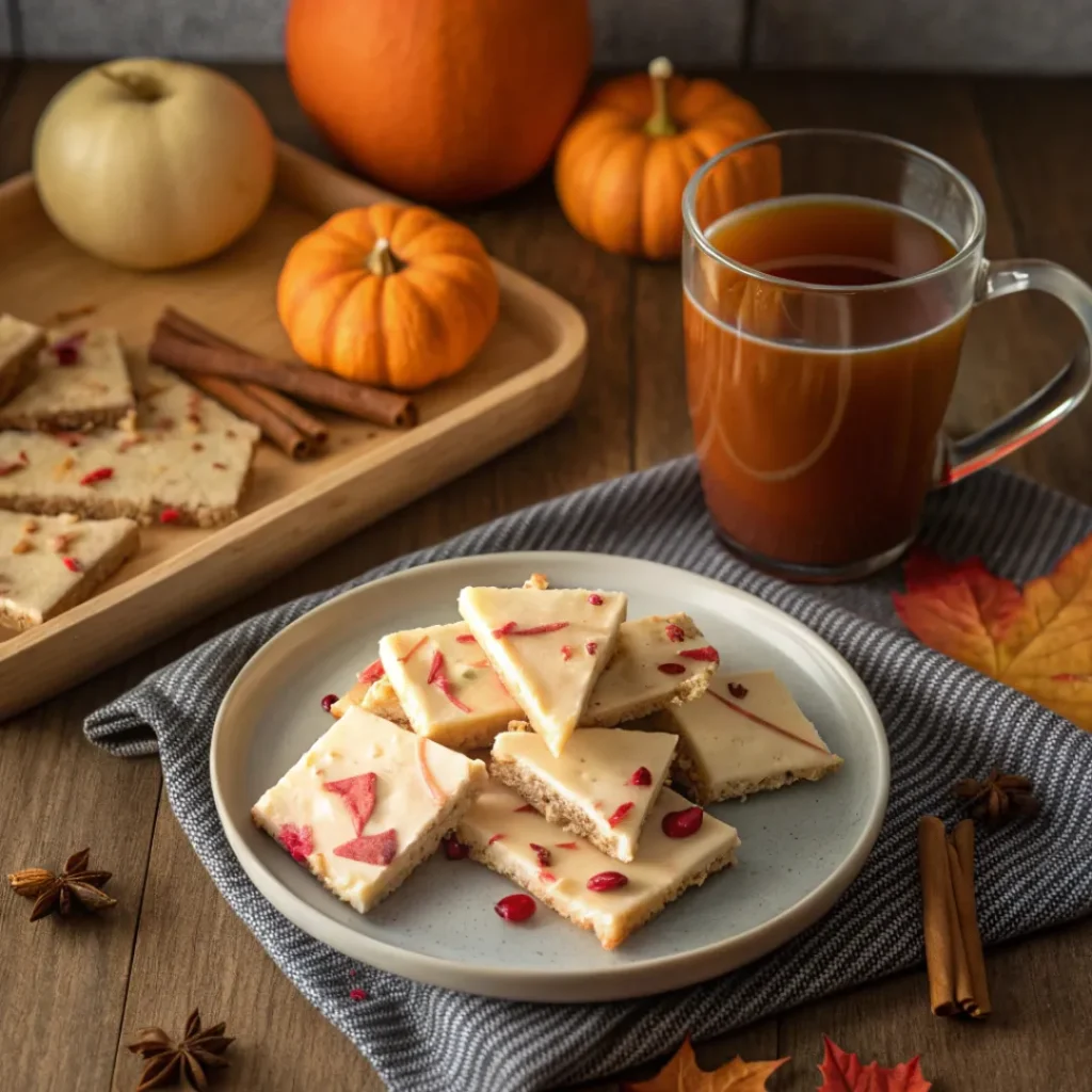 Candy apple bark served with apple cider and cinnamon sticks