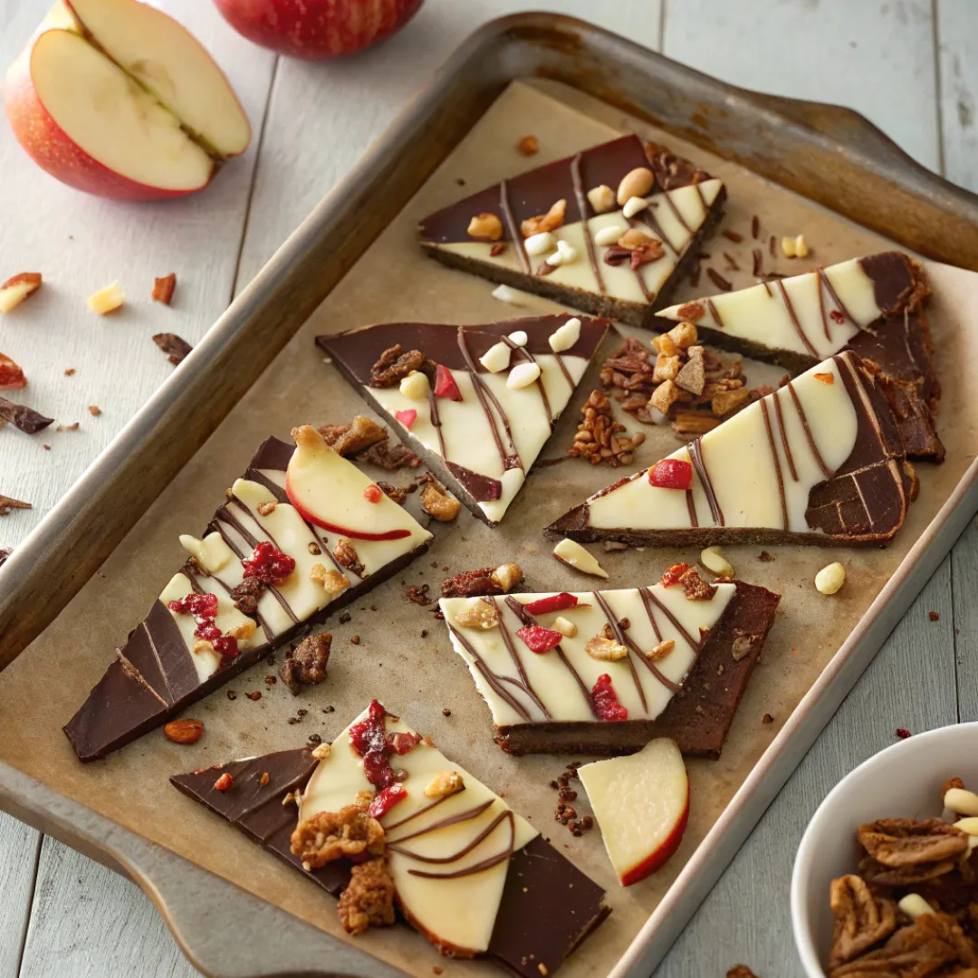 Pieces of candy apple bark with chocolate, apple slices, and nuts on a rustic tray