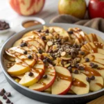 Apple slices drizzled with caramel and chocolate, topped with nuts and chocolate chips