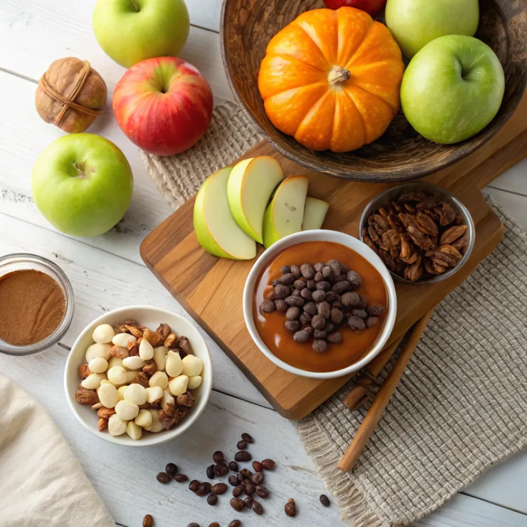 Ingredients for caramel apple nachos including apples, caramel, chocolate, and nuts