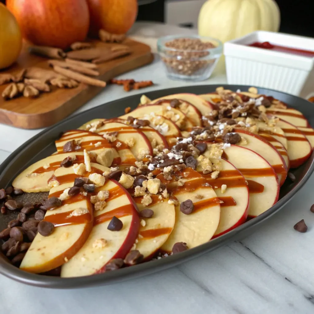 Caramel apple nachos served with spiced apple cider on a fall table